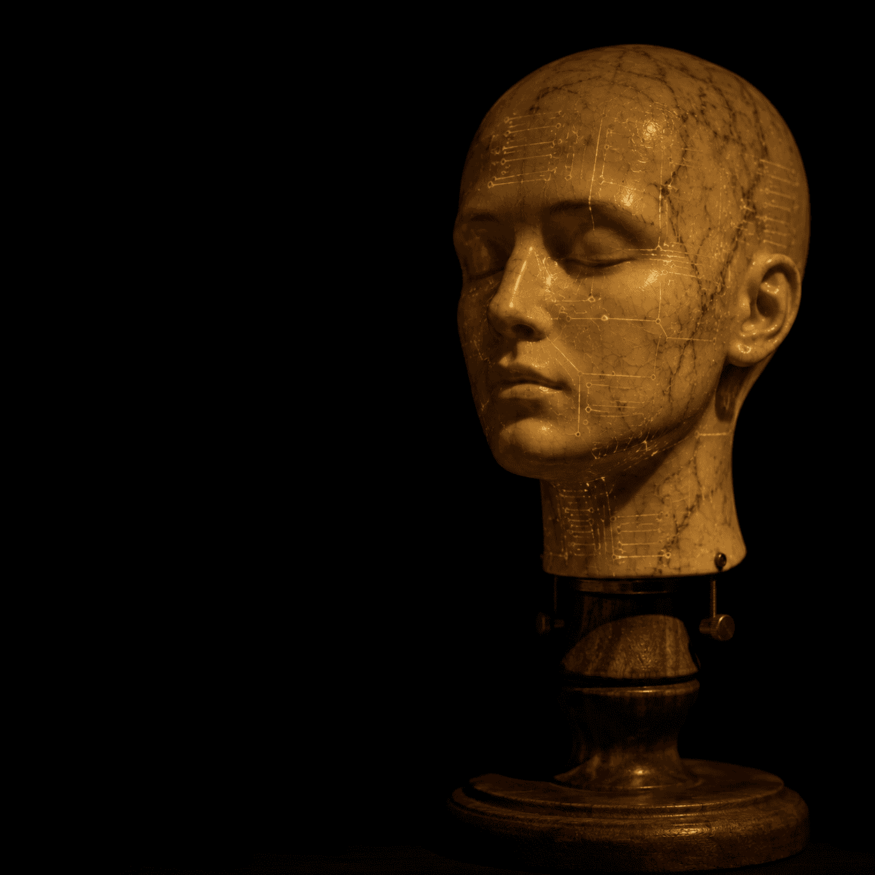 NPC mode: a marble mannequin head with faint code traces lit from within, eyes closed, an automated system running on script rather than awareness