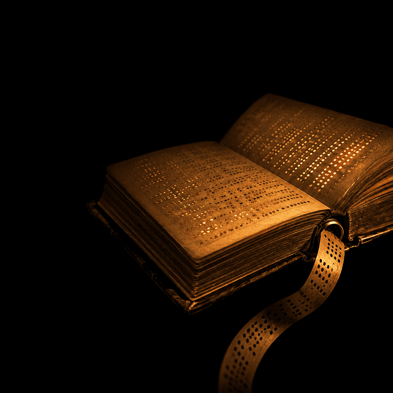 Subconscious programming: an old leather-bound book lying open against black, its pages filled with rows of glowing amber punch-card holes, programming infrastructure disguised as text
