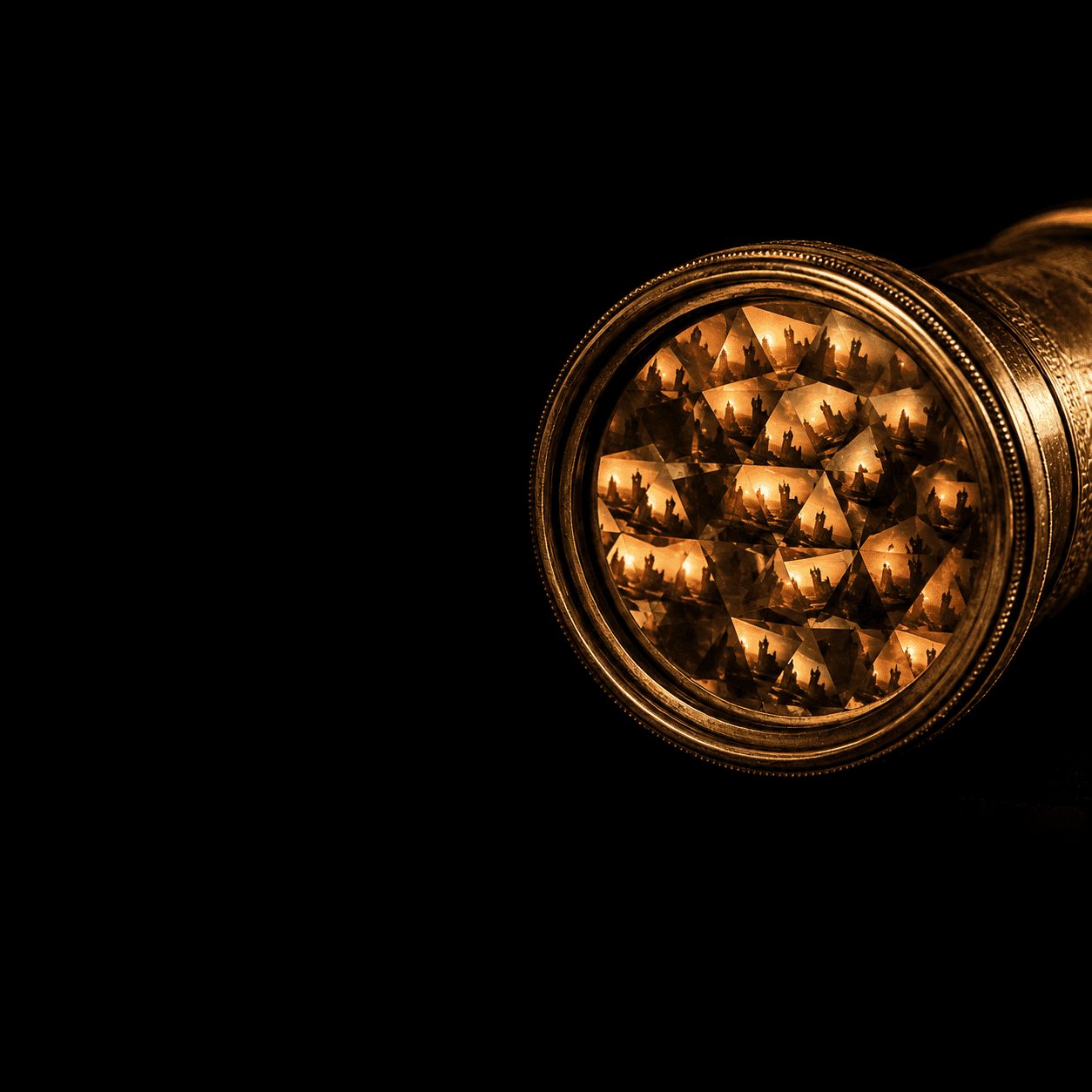 Cognitive biases: an antique brass kaleidoscope fragmenting amber light into dozens of distorted reflections, each one showing the same reality from a different misaligned angle