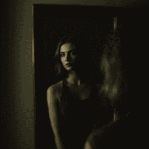 Woman looking at her reflection in a mirror, symbolizing self-awareness and ego management.
