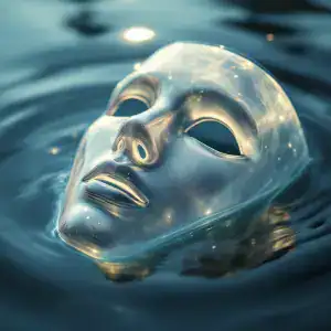 Surreal mask floating on water symbolizing ego and self-awareness.
