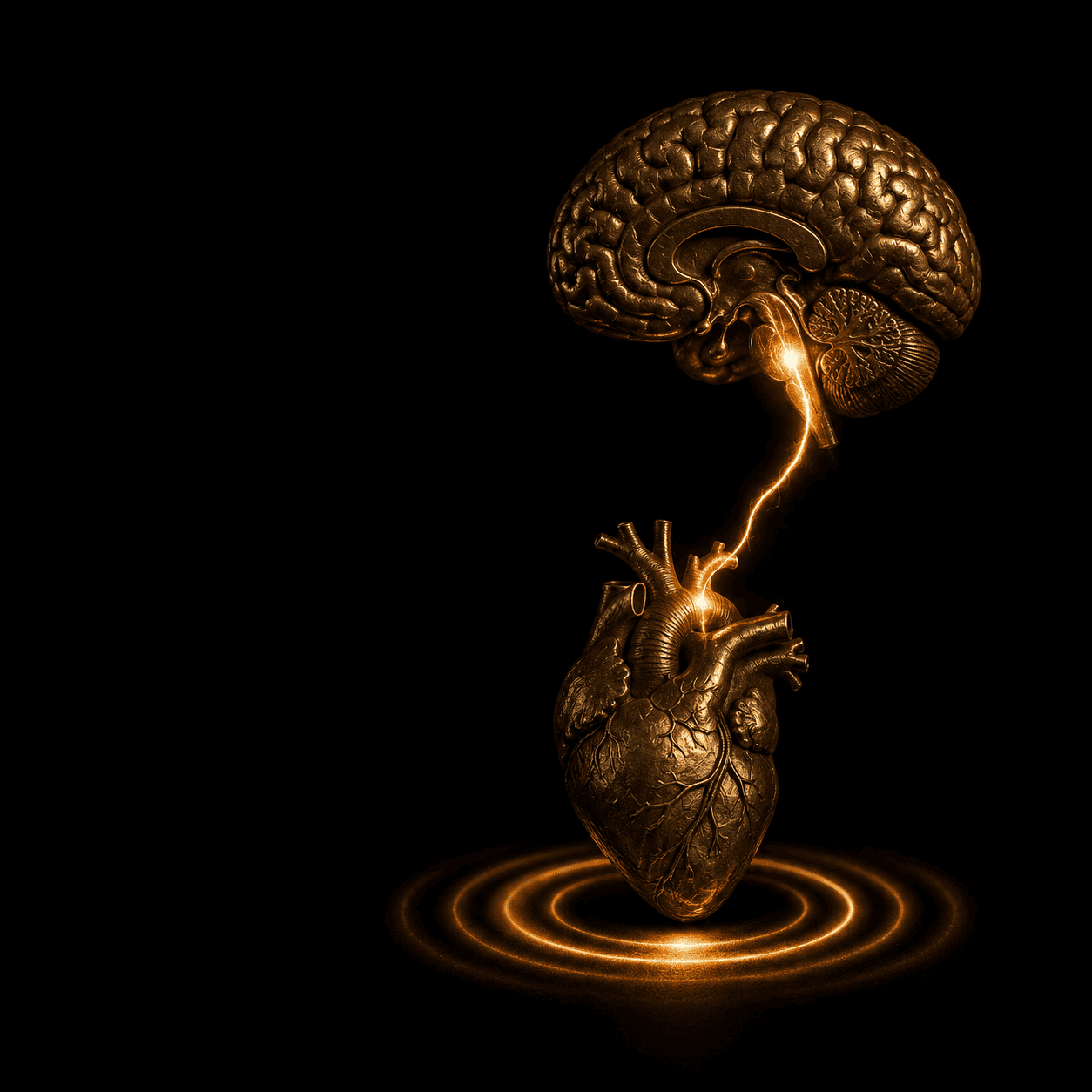 Heart brain coherence: an anatomically accurate human heart and brain rendered in dark bronze with warm amber light tracing the electrical pathway between them, operating as one coherent system