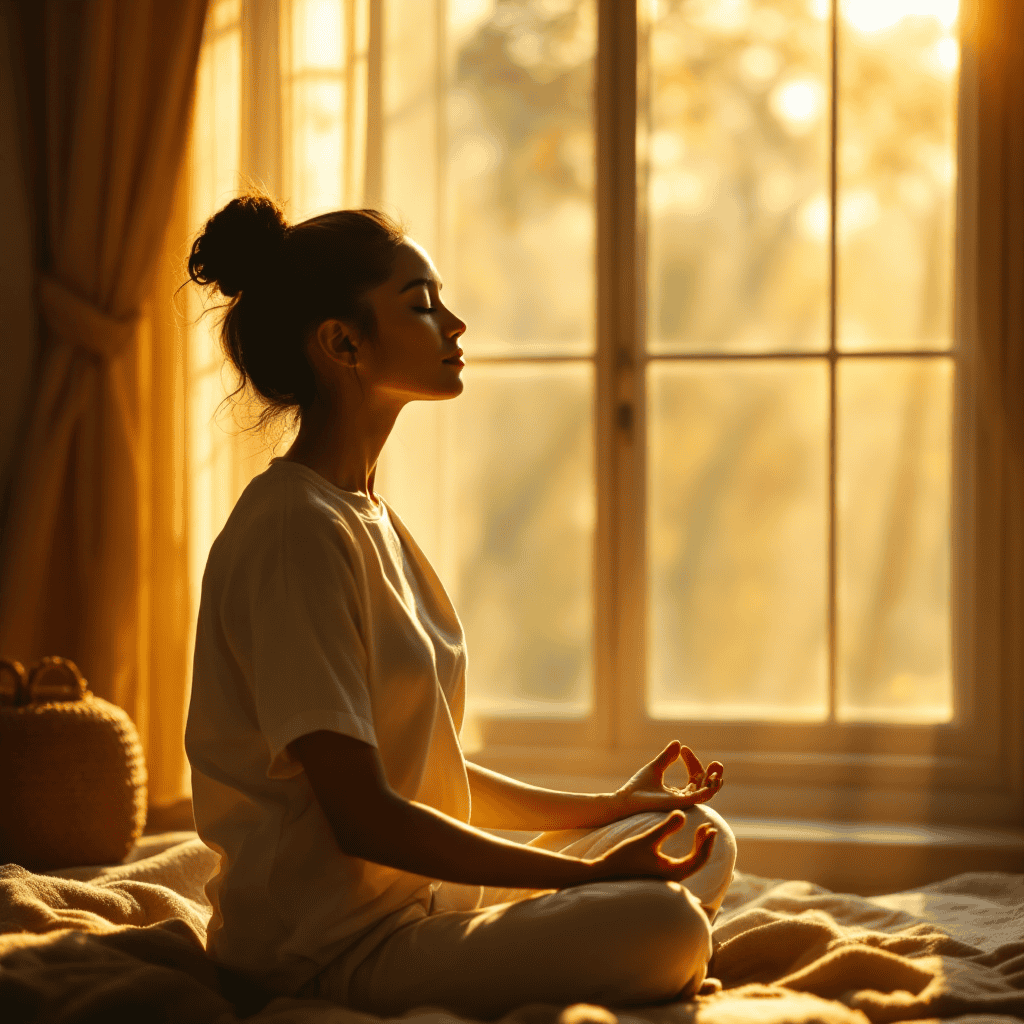 Woman meditating peacefully by the window during sunset, promoting mindfulness and self-awareness.