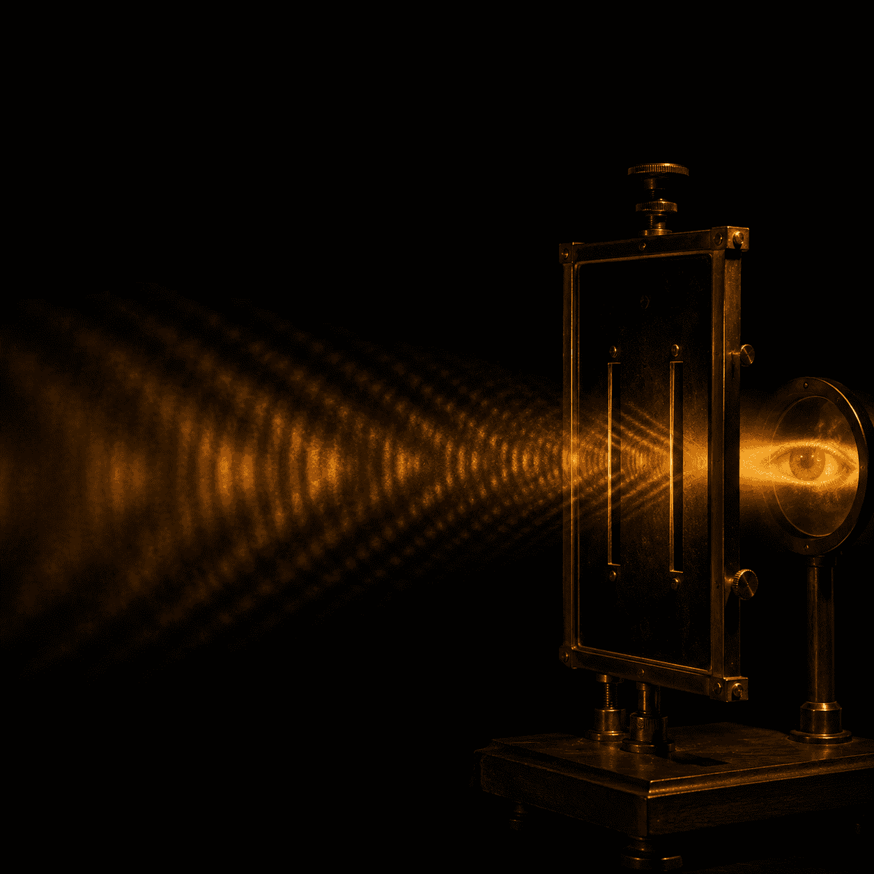 Observer effect: a single beam of amber light passing through a brass double-slit apparatus, fracturing into wave interference patterns, consciousness collapsing potential into form