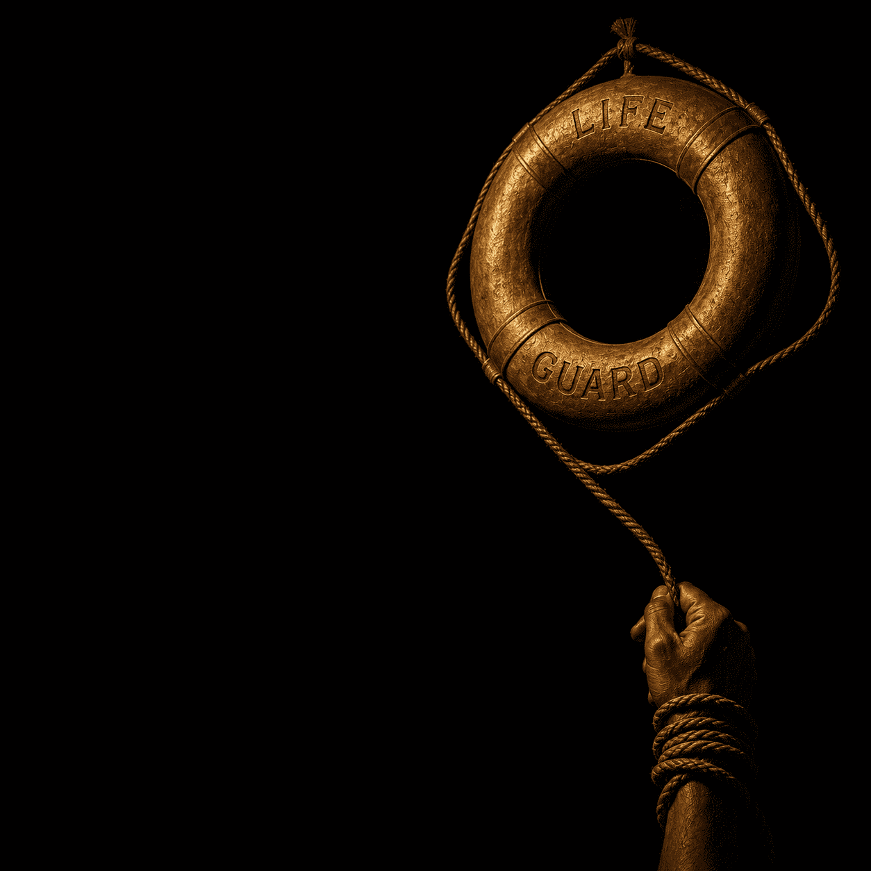 Savior complex: a luminous robed figure reaching down to a kneeling crowd in shadow, with the figure's own back invisible to itself, the unhealed wound the helping disguises