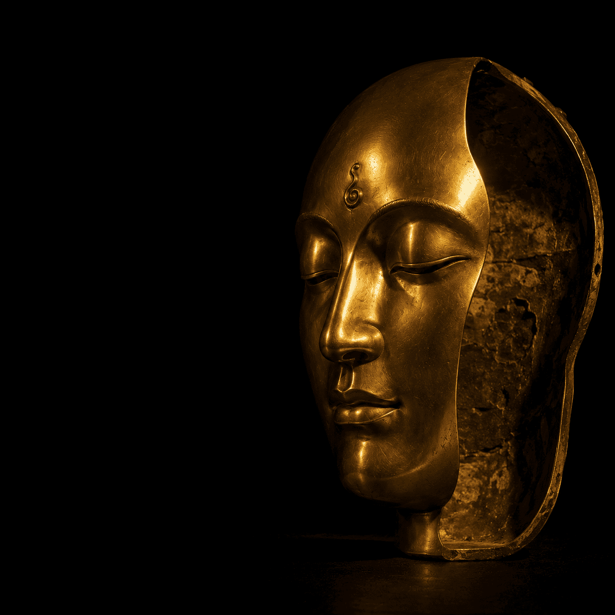 Spiritual bypassing: a serene figure seated in lotus posture wrapped in soft light, with a shadowed second figure standing behind, the unintegrated self the meditation does not see