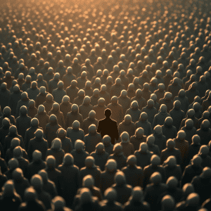 Large crowd with one individual standing out, symbolizing ego and self-awareness.