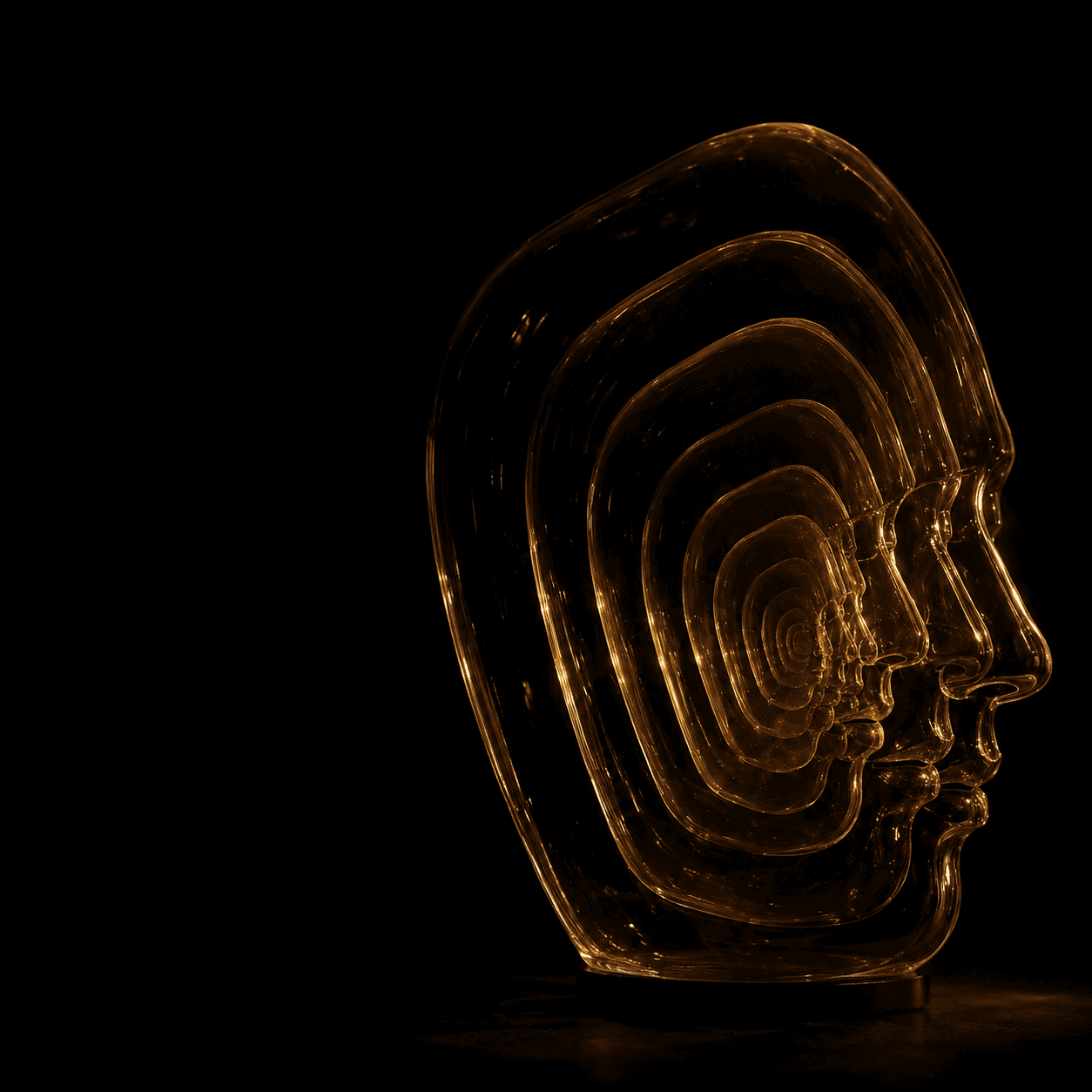 What is the self: nested transparent glass masks of the same human face stacked one behind another, the rearmost dissolving into shadow with no final solid face behind it