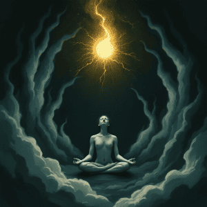 Woman meditating in a surreal, glowing cosmic scene representing ego awareness and mental clarity.