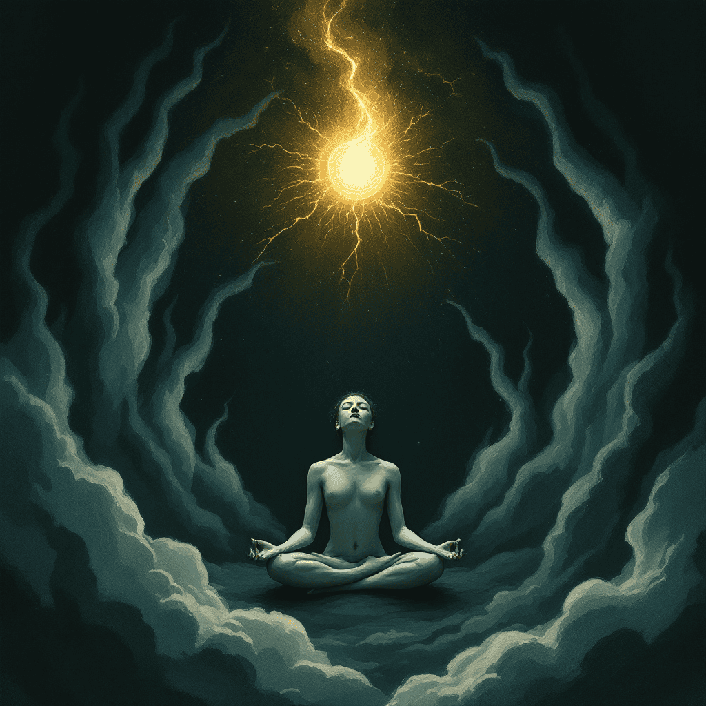 Woman meditating in a surreal, glowing cosmic scene representing ego awareness and mental clarity.