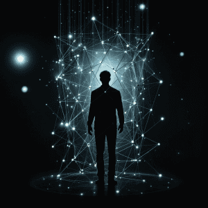 Silhouette of a person surrounded by digital neural network, symbolizing ego hacking and self-awaren.